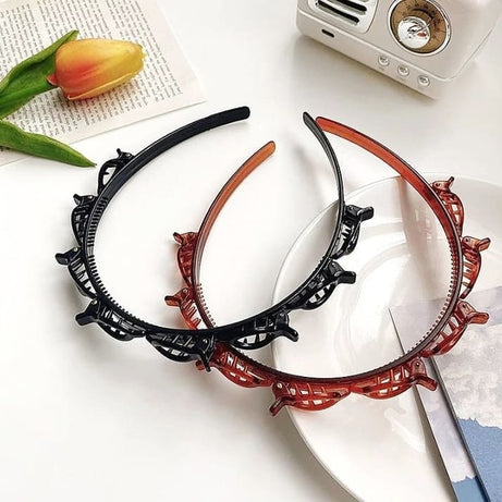 (Pack of 3) Double Layer Twist Plait Fashion Hair Hoop Headband with 8 Small Clips For Women