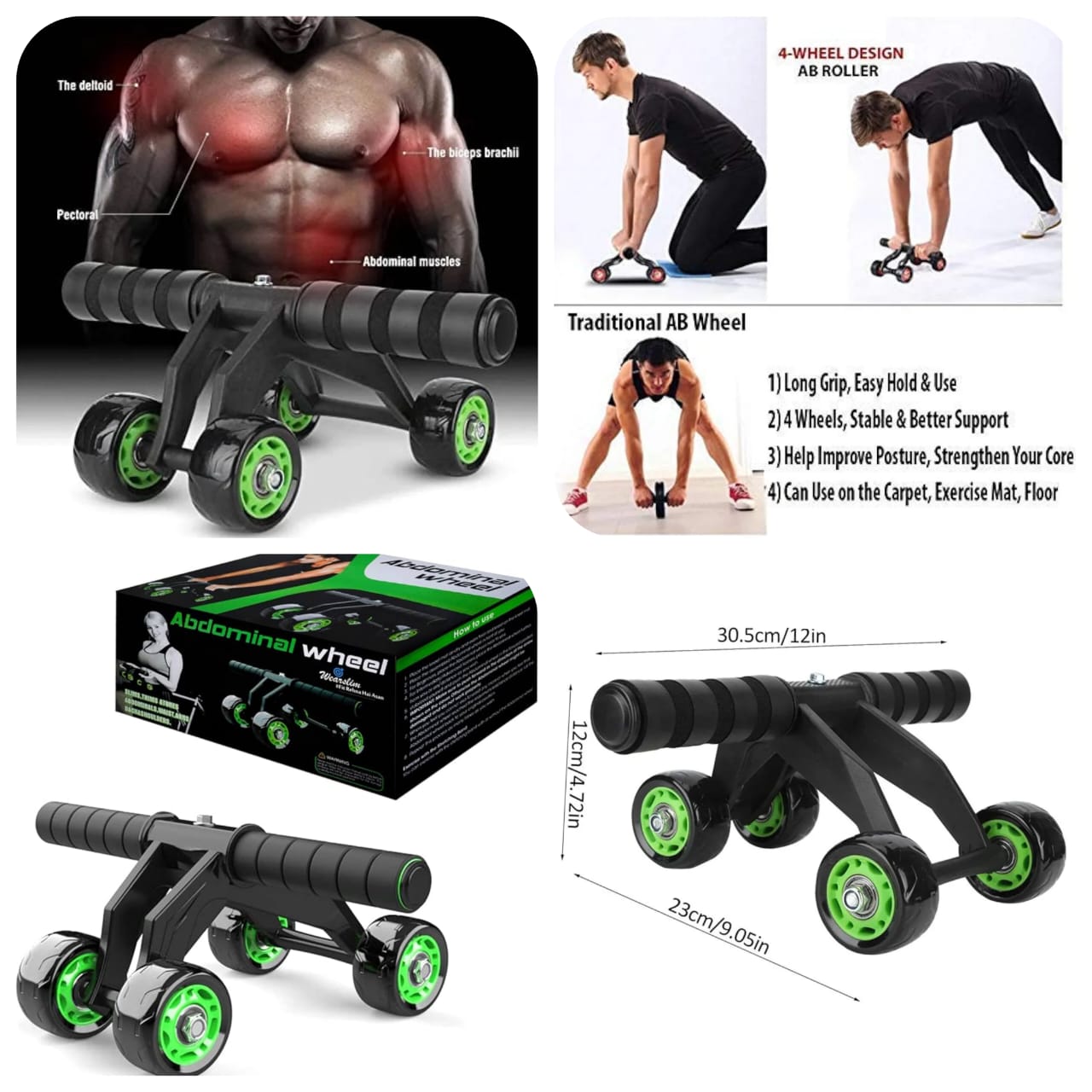 Metal 4 Wheel Abdominal Exercise Roller For Man and Woman Tool With Box