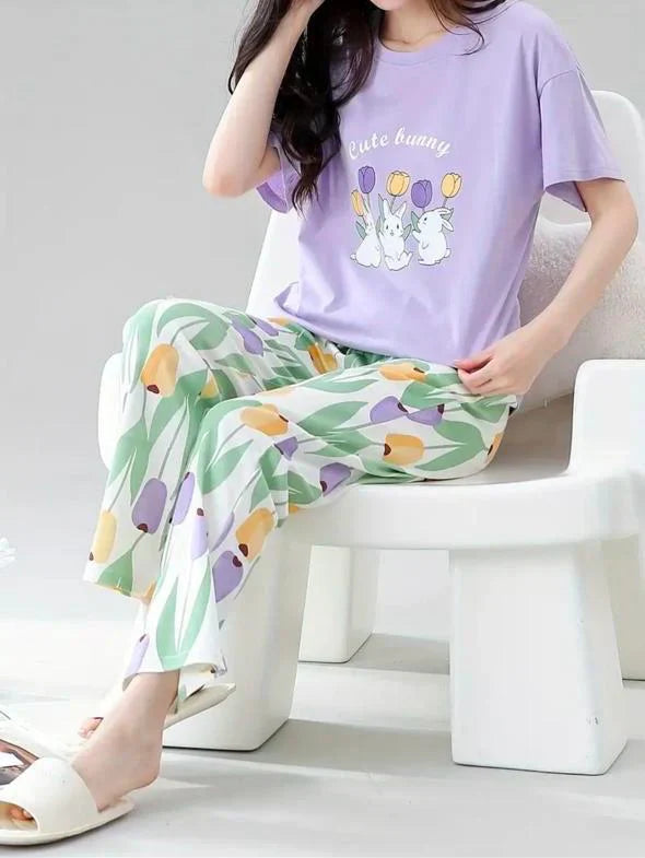 Lilac Bunny Printed Half Sleeves Night Suit
