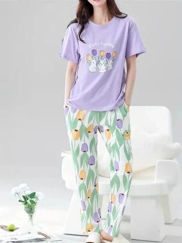 Lilac Bunny Printed Half Sleeves Night Suit