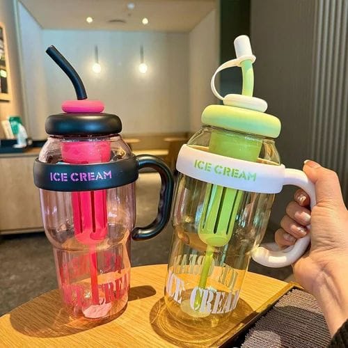 Ice Cream Water Bottle with Straw & Handle – Aesthetic Double-Layer Tumbler | Leakproof & BPA-Free