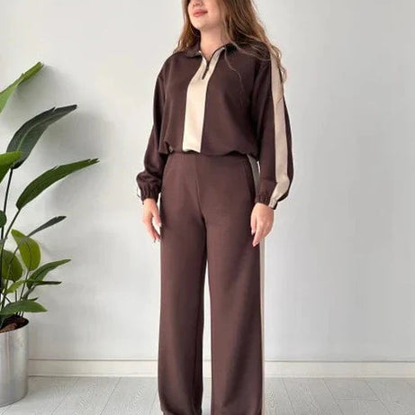 Zipper Twin Color Winter Fleece Fabric Track Suit Brown