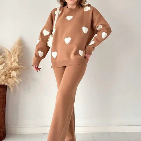 Heart Printed Warm Winter Fleece Co-Ord Set – Brown & White