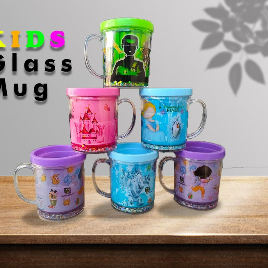 (Pack of 2) New Kids Cartoon Glitter Glass Mug For Boys and Girls