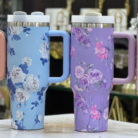 Cute Floral Tumbler with Straw