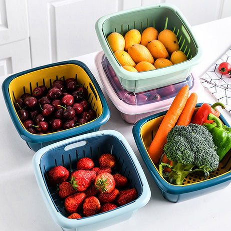 Pack of 2 Double Drain Kitchen Wash Basket and Refrigerator Strainer Vegetable Fruit Storage