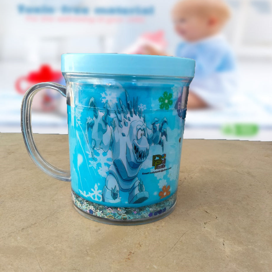 (Pack of 2) New Kids Cartoon Glitter Glass Mug For Boys and Girls