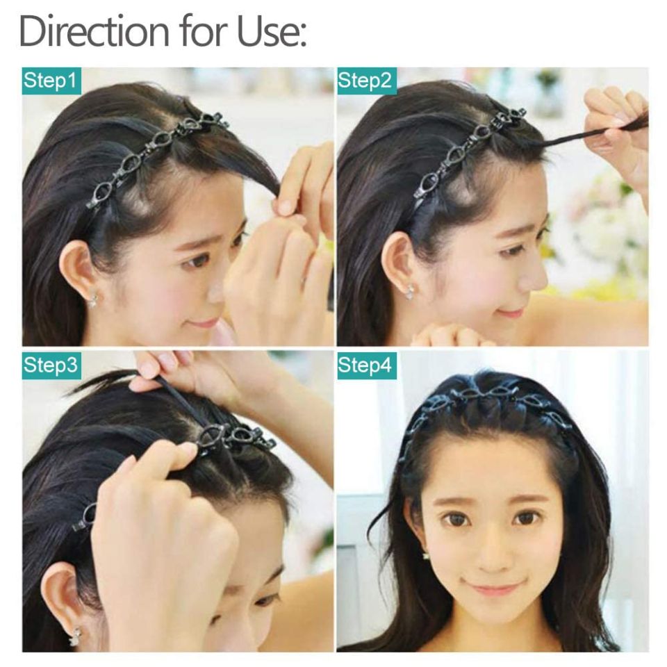 (Pack of 3) Double Layer Twist Plait Fashion Hair Hoop Headband with 8 Small Clips For Women