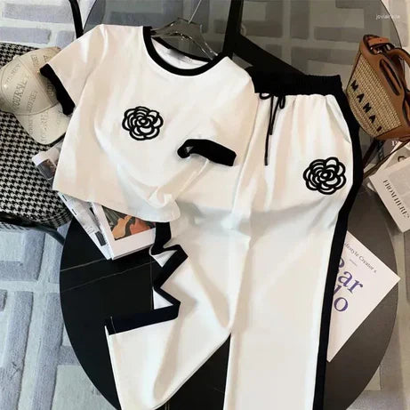 Flower Style Track Suit (White) – Round Neck Half Sleeves T-Shirt and Trouser Suit for Women