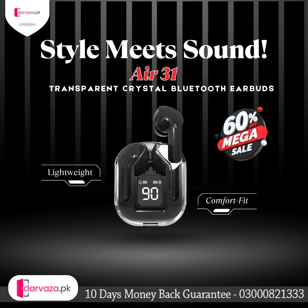 Azaadi Sale Offer Premium Quality Air 31 Transparent Crystal Bluetooth Wireless Earbuds Head Set for Clear Loud & Distortion Free Sound