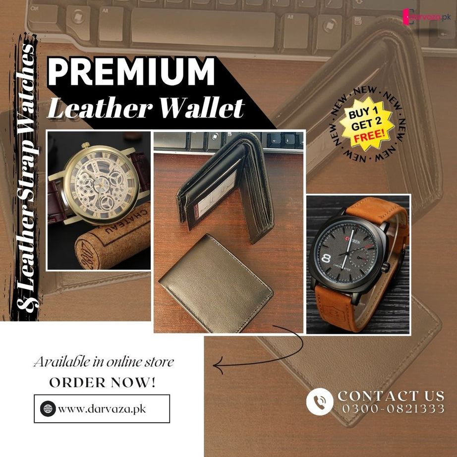Buy 1 Get 2 Free Deal 2 Imported Leather Strap Wrist Watches & Original Leather Wallets For Men