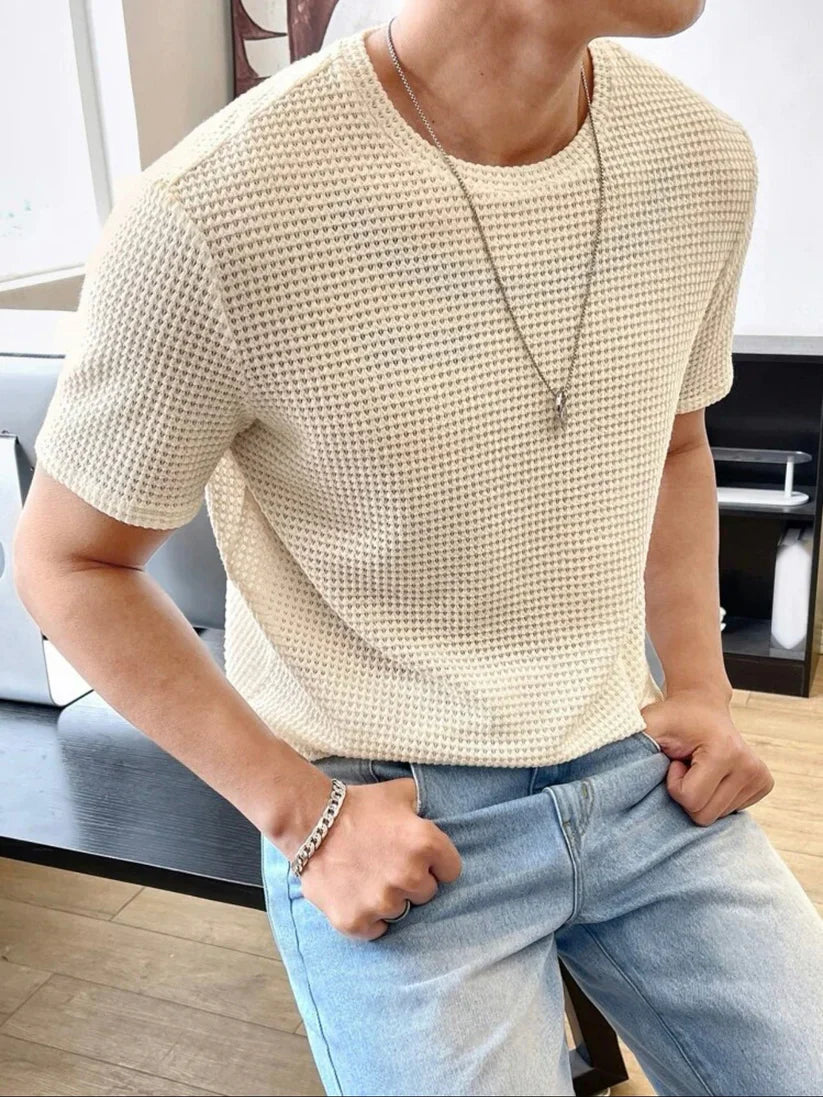 Waffle Knitted T-Shirt – BEIGE