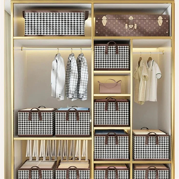 4 Pcs Brown Checkered Storage Cubes - Premium Foldable Closet Organizer Bins with Handles for Clothes, Toys & Accessories