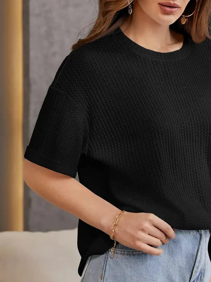 Premium Oversized Waffle Knitted Tee – Black