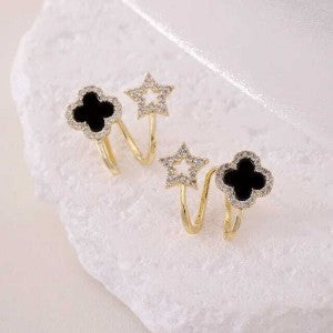 Gold Plated Stone Decor Star Four Leaf Clover Korean Earrings Black Cubic Zirconia Alloy Earring Set For Women