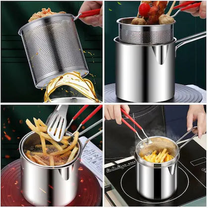 Multi Functional Stainless Steel Rust Resistant 1200ML Deep Fryer Pot with Strainer Basket and Long Handle Kitchen Oil Frying Pot Kettle for Home Use