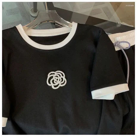 Flower Style Track Suit (Black) – Round Neck Half Sleeves T-Shirt and Trouser Suit for Women