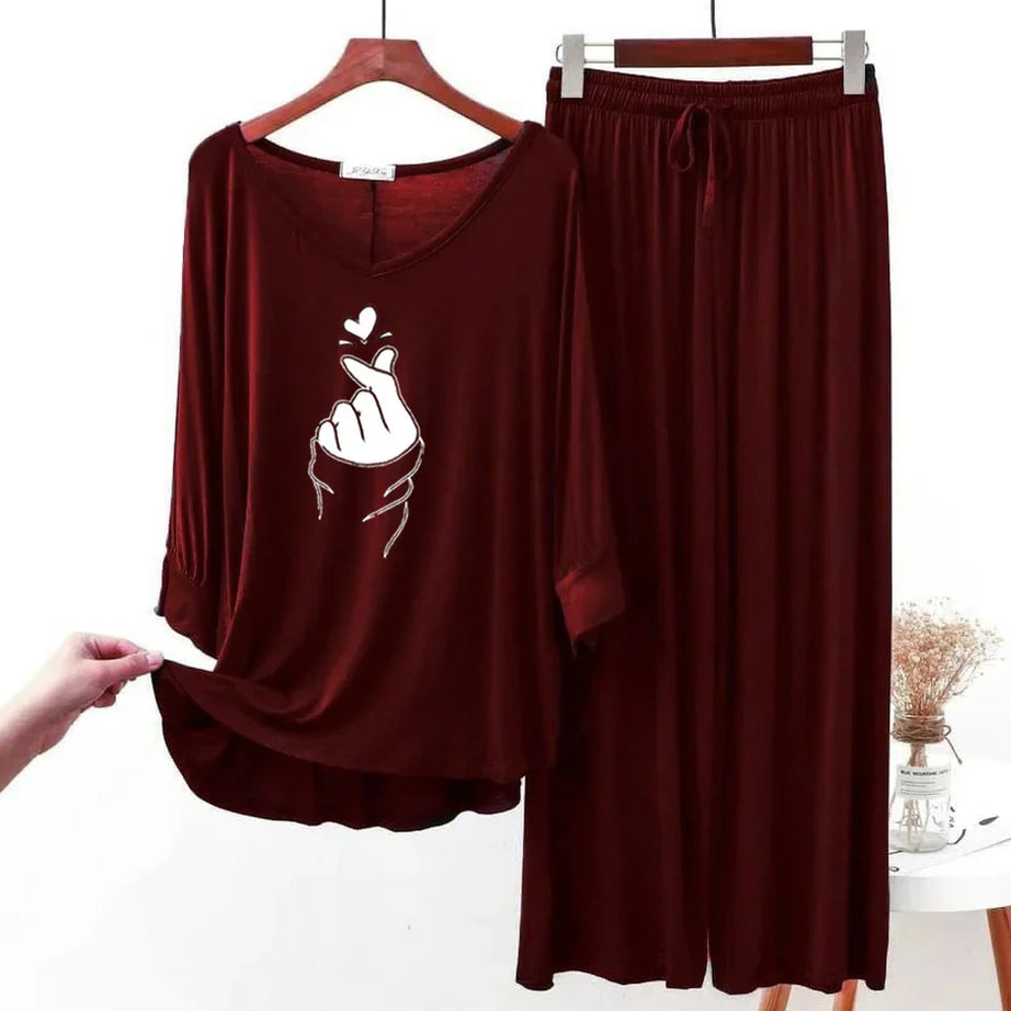 Maroon K-Pop Heart V-Neck Women Night Suit PJ Set