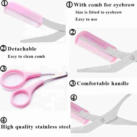 (Pack of 2) Stainless Steel Eyebrow Trimmer Scissors with Built in Comb