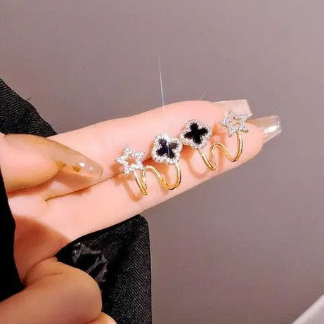 Gold Plated Stone Decor Star Four Leaf Clover Korean Earrings Black Cubic Zirconia Alloy Earring Set For Women