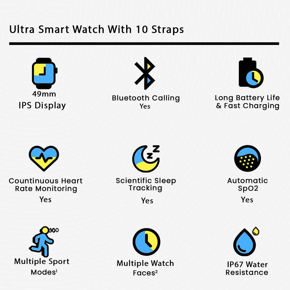 Ultra 10 Smart Watch with Bluetooth Calling Multiple Sports Mode and HD Touch Display with 10 Straps With Box For Men and Women