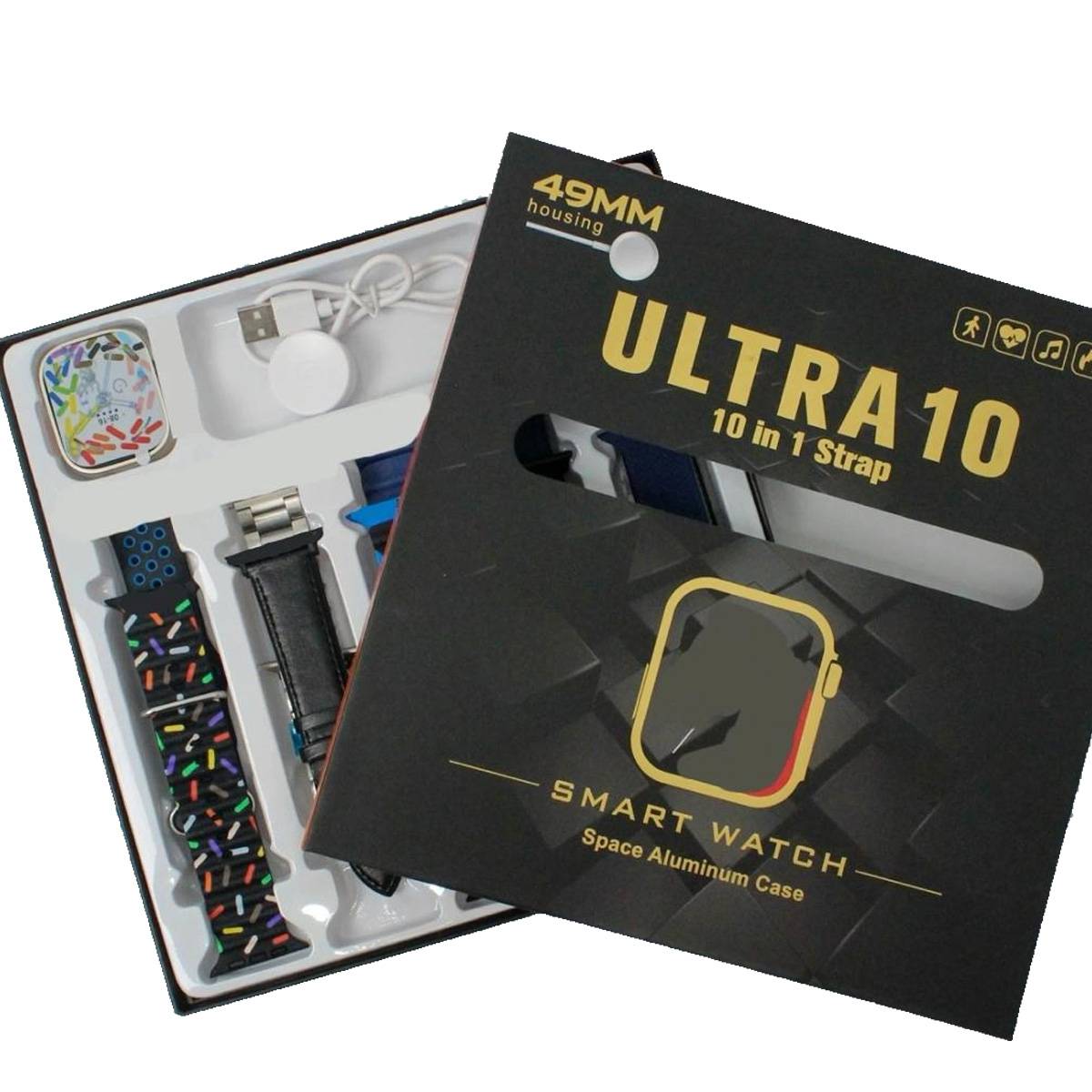 Ultra 10 Smart Watch with Bluetooth Calling Multiple Sports Mode and HD Touch Display with 10 Straps With Box For Men and Women
